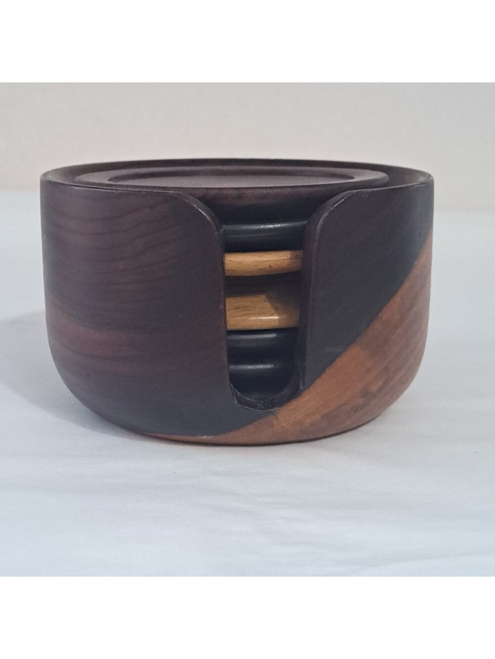 Handmade Stained Wood Coaster Set Of  6 w/Holder Vintage Hand Made